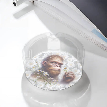 3 .3" Round, Lead Free Glass Ashtray - Sasquatch, Bigfoot, Daisies