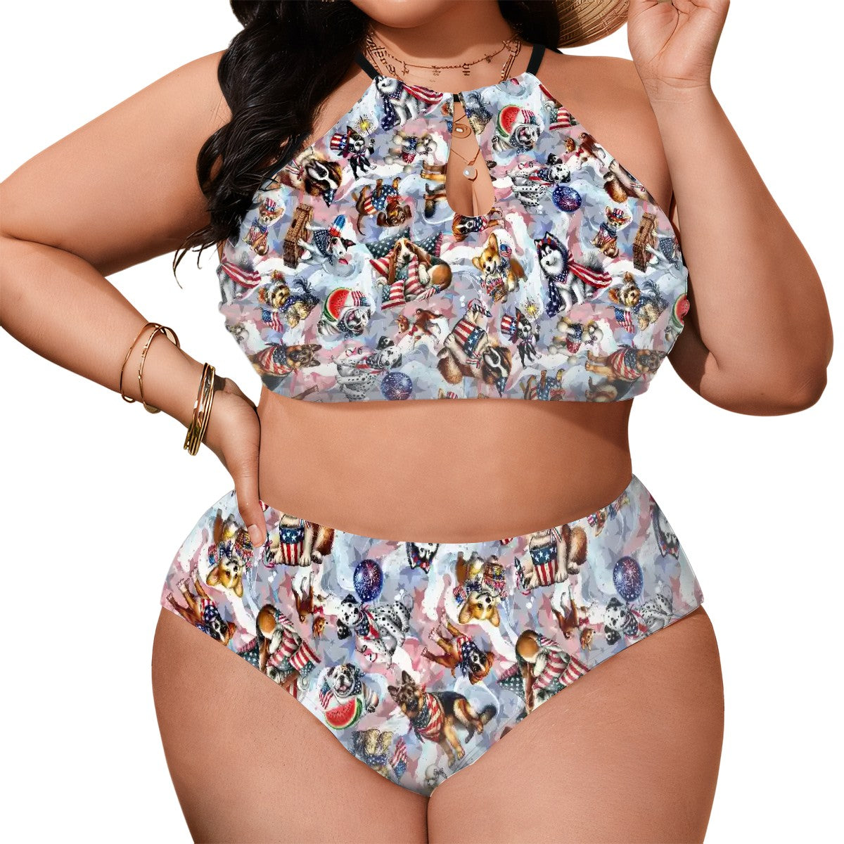 8 Patriotic Designs, Plus Size High-Waisted Bikini Customized Services