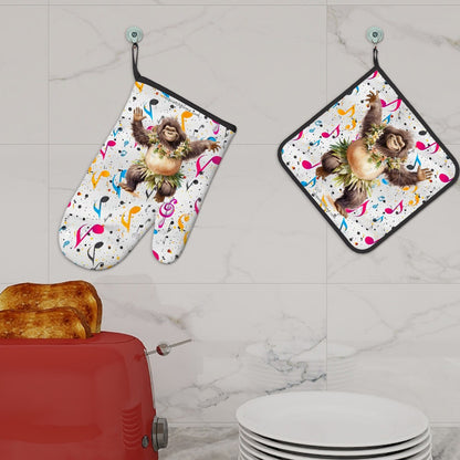 Set of 2 Oven Mitts and Pot Holders - Dancing Sasquatch