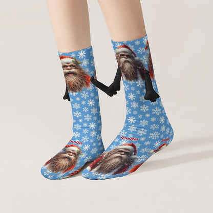 Santa Bigfoot Magnetic Holding Hands Funny Socks – PERSONALIZE FREE