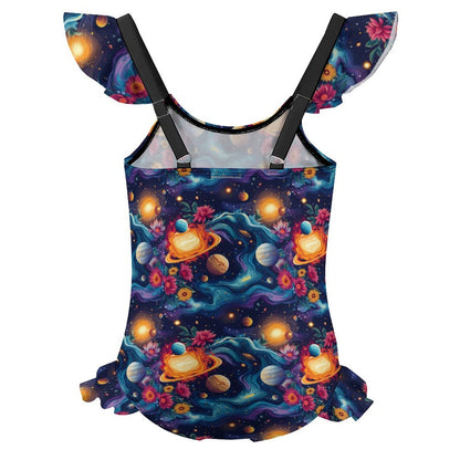 12 Outer Space Designs, Girls One-Piece Summer Swimsuit, Ruffle Shoulder