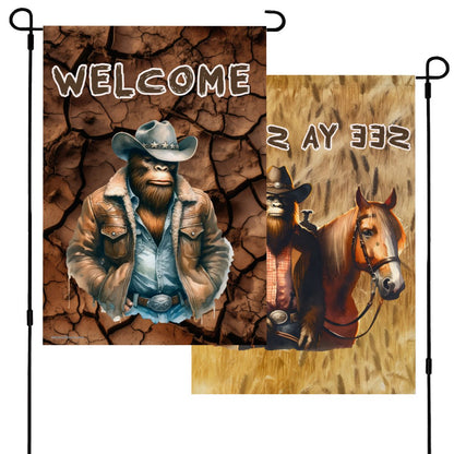 Cowboy Bigfoot Sasquatch, "Welcome, See You Soon", Garden Flag 12"x18" (Made in USA)