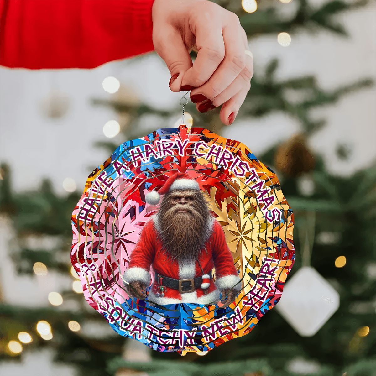 Santa Sasquatch, Bigfoot, US Made Hanging Metal 3D Wind Spinner, Ornament