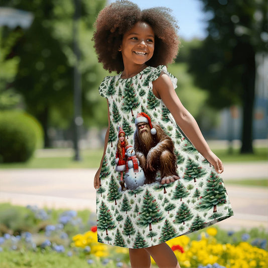 Sasquatch Santa and Girl, Girl's Flutter Sleeve Nightgown