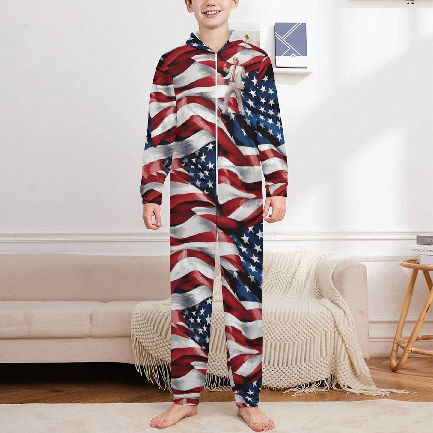 Donald Trump Dancing, Youth Flannel Footless Zip up Pajama Jumpsuit