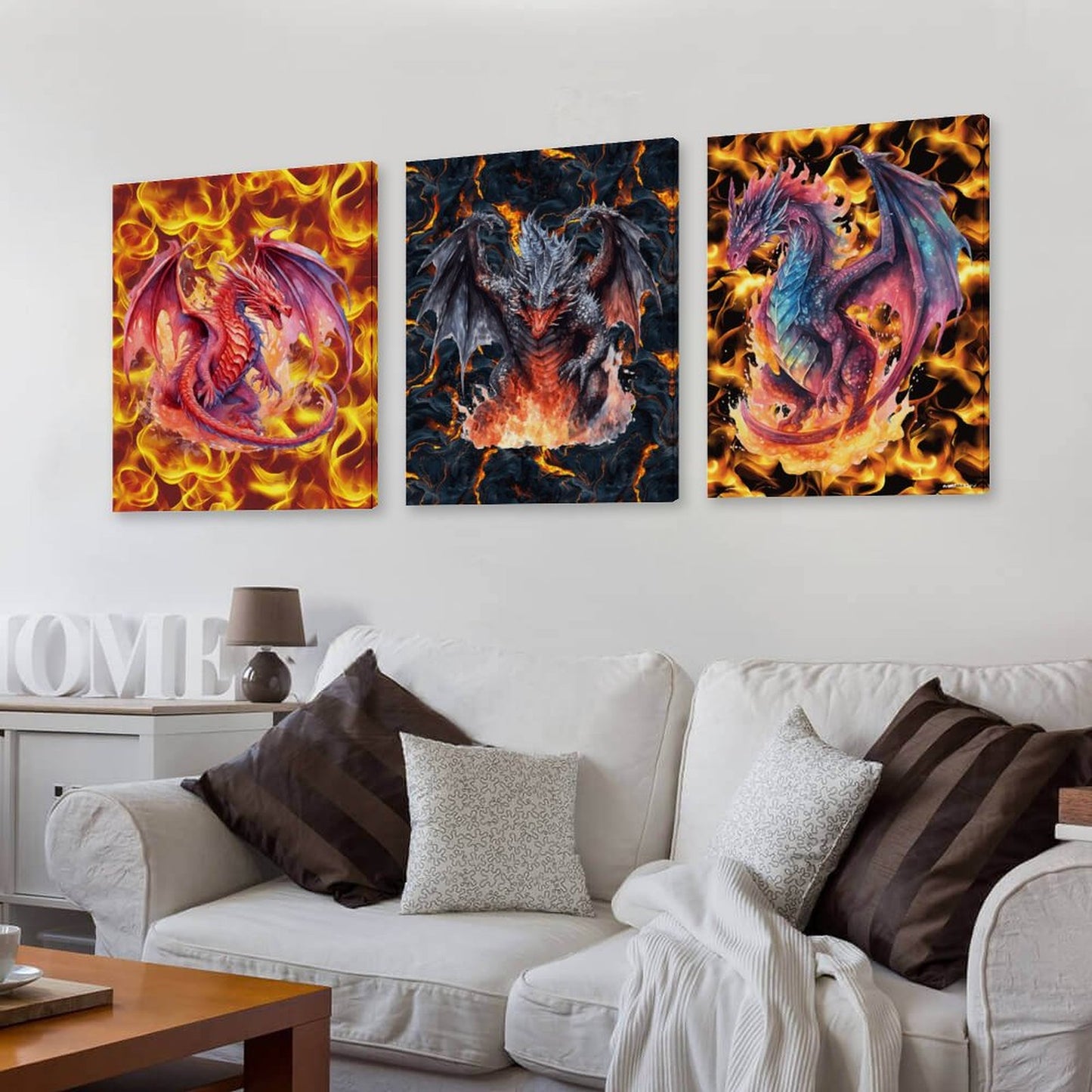 Fire Dragons Canvas Wall Art - 12”x 16” or 18”x24” (x 3) - Made In USA