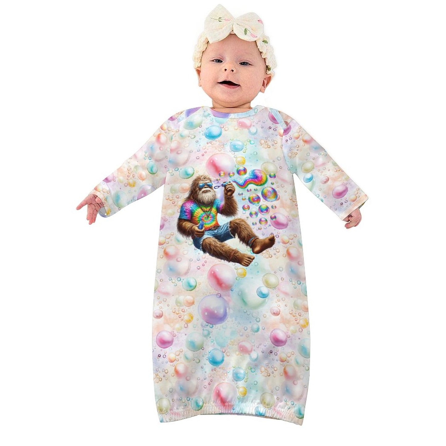 Hippie Bigfoot Sasquatch Bubbles, Baby Long Sleeve Faux Cotton Sleeper Gown