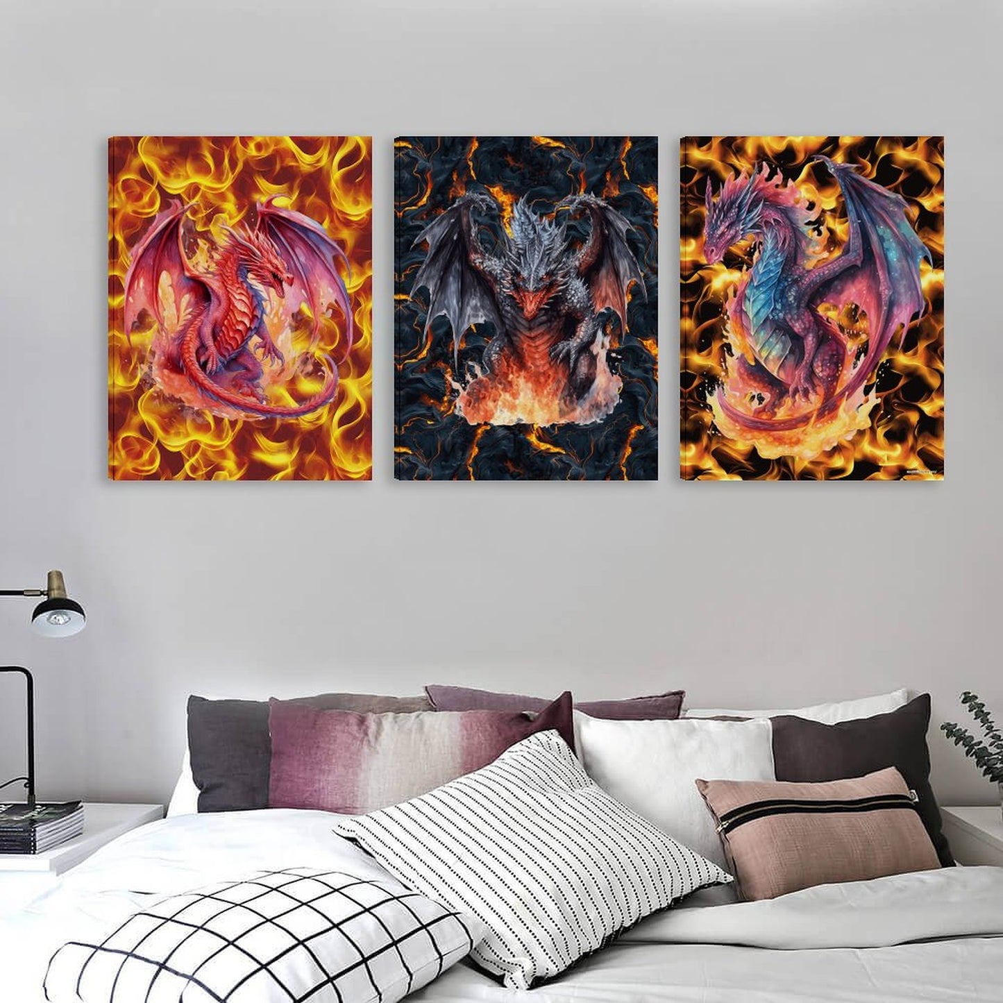 Fire Dragons Canvas Wall Art - 12”x 16” or 18”x24” (x 3) - Made In USA