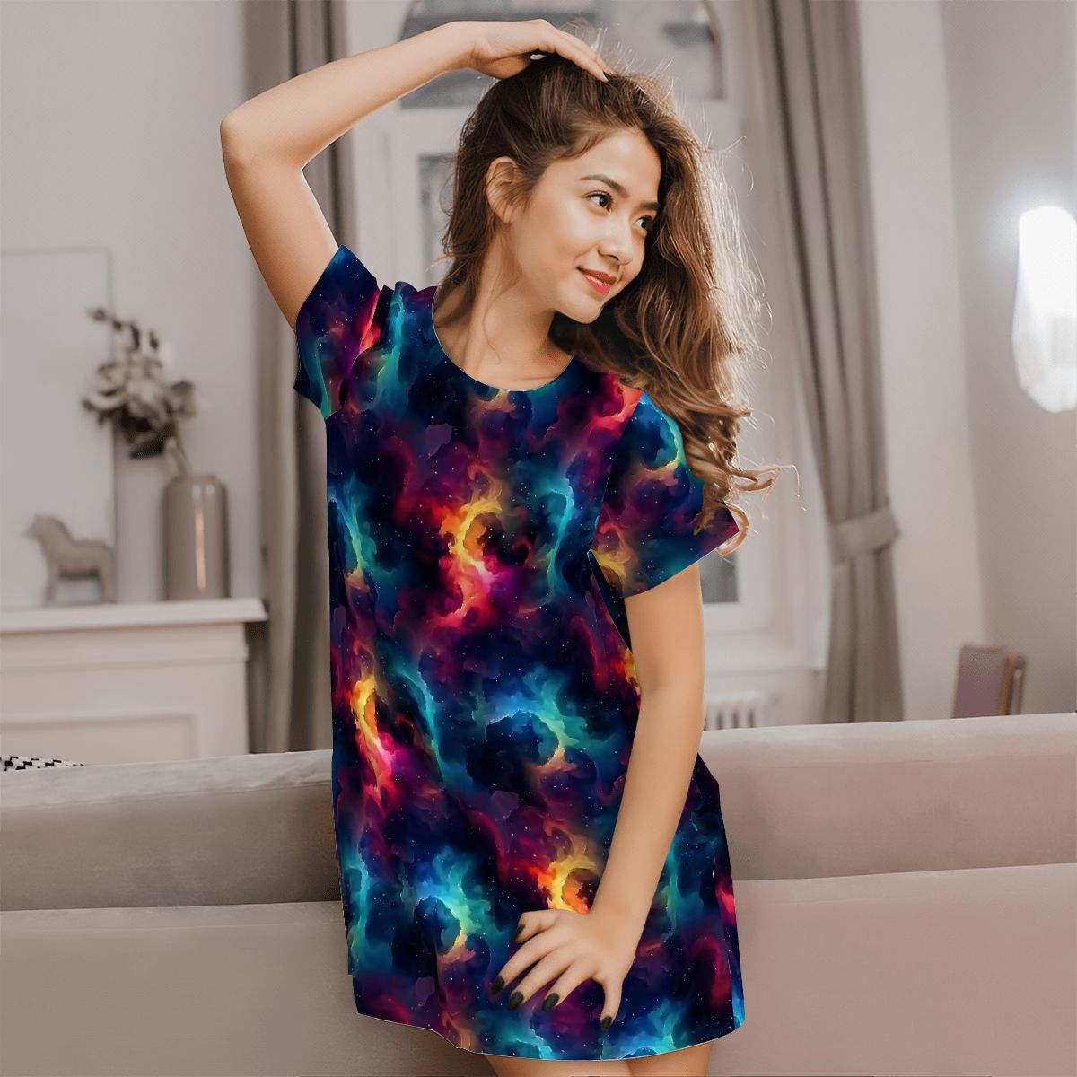 12 BEAUTIFUL Outer Space Designs, Women’s Loose Fit Short Sleeve Night Gown