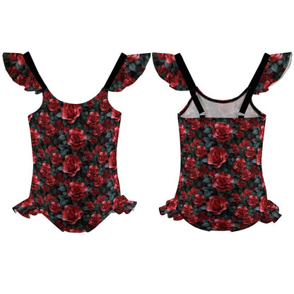 10 Beautiful Flower Designs, Girls One-Piece Summer Swimsuit, Ruffle Shoulder