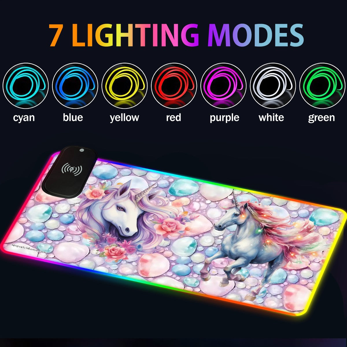 Unicorn Magic, Wireless Charging Gaming Mouse Pads / Mat With Lights - 2 Sizes