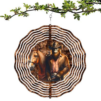 Bigfoot Sasquatch Cowboy, US Made Hanging Metal 3D Wind Spinner, Ornament