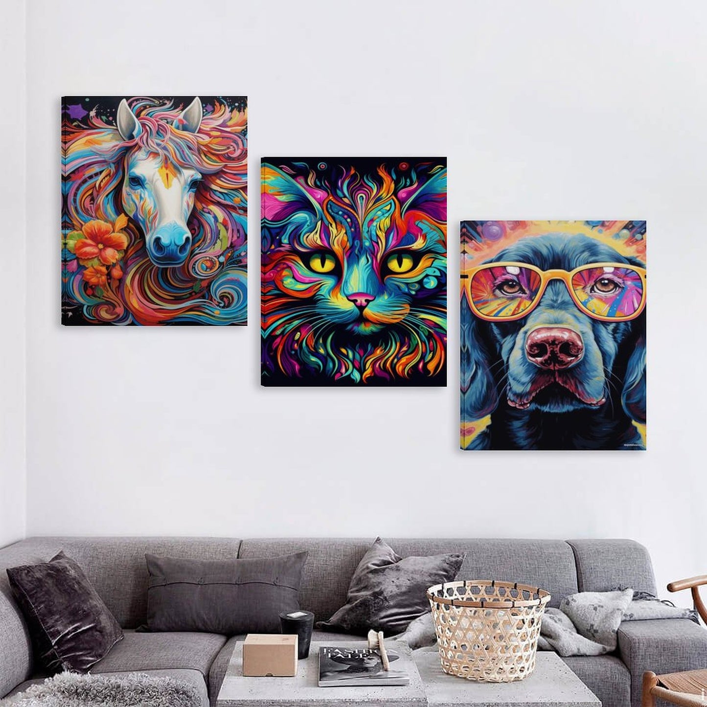 Psychedelic Animals, Canvas Wall Art -16”x 20” (x3) - Made In USA