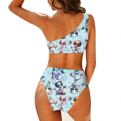 6 Alien designs Women One Shoulder Bikini High Waist Swimsuit