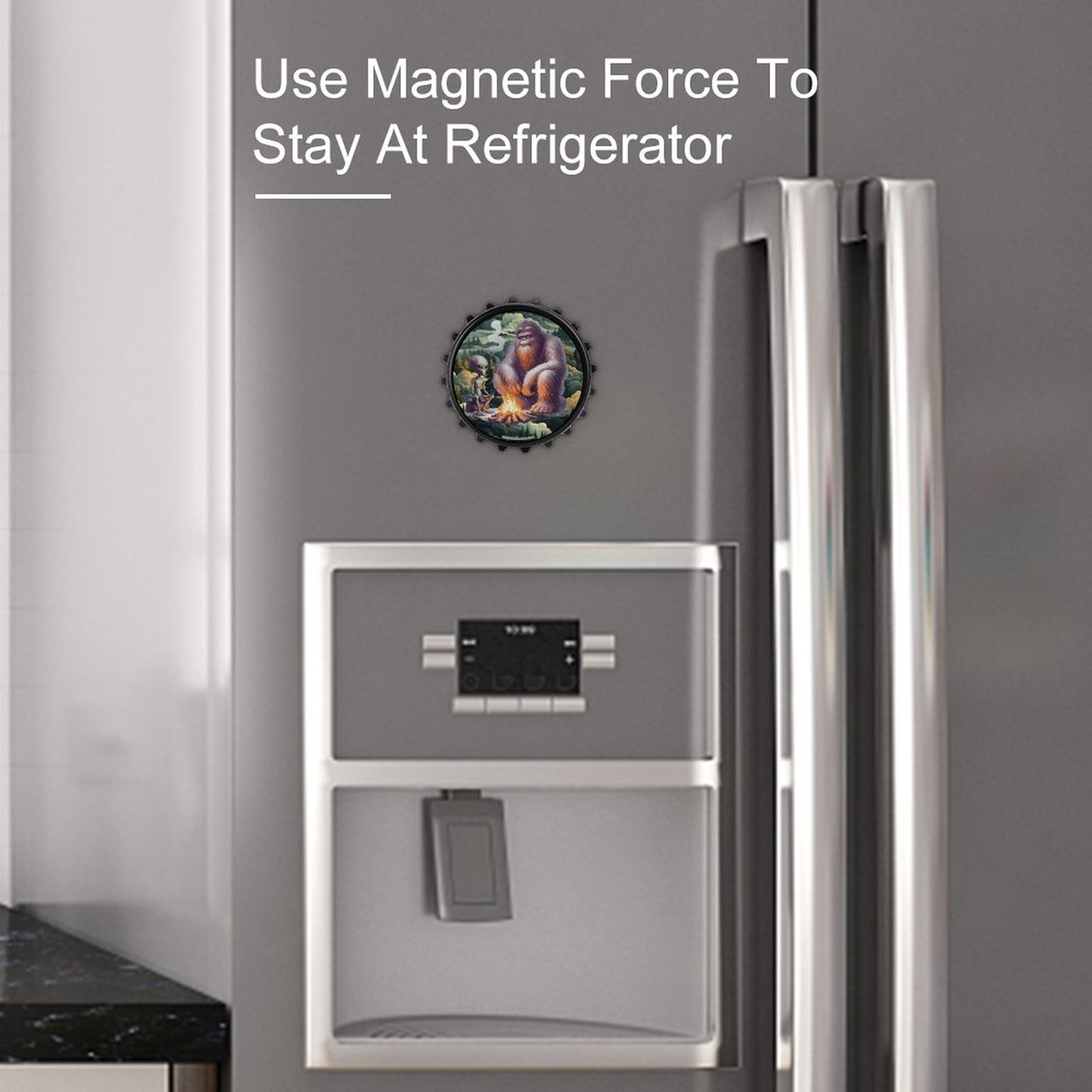 Bigfoot / Sasquatch with Alien, 3” Magnetic Can Opener / Coaster / Fridge Decor