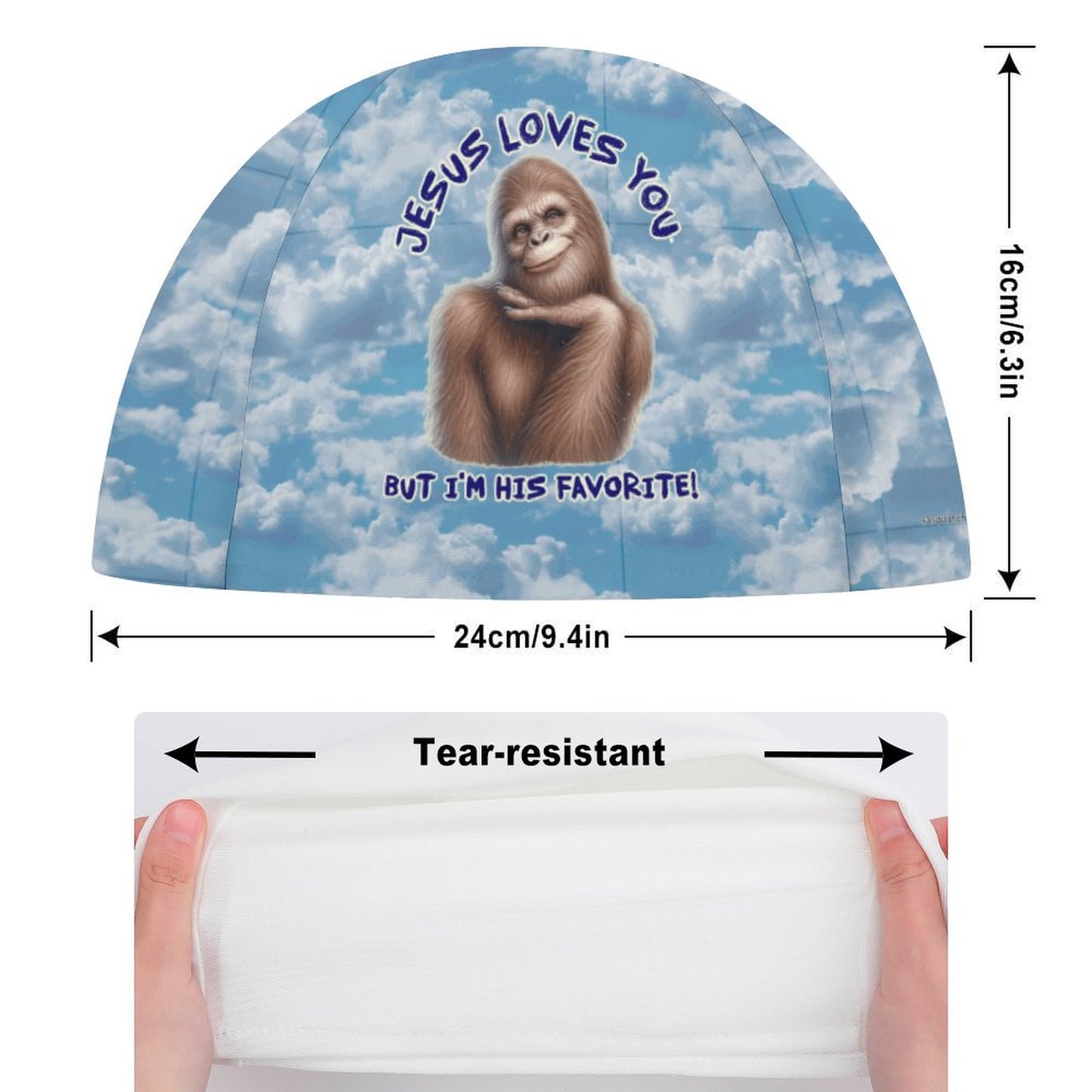 Bigfoot / Sasquatch, "Jesus Loves You....", Adult Swimming Cap