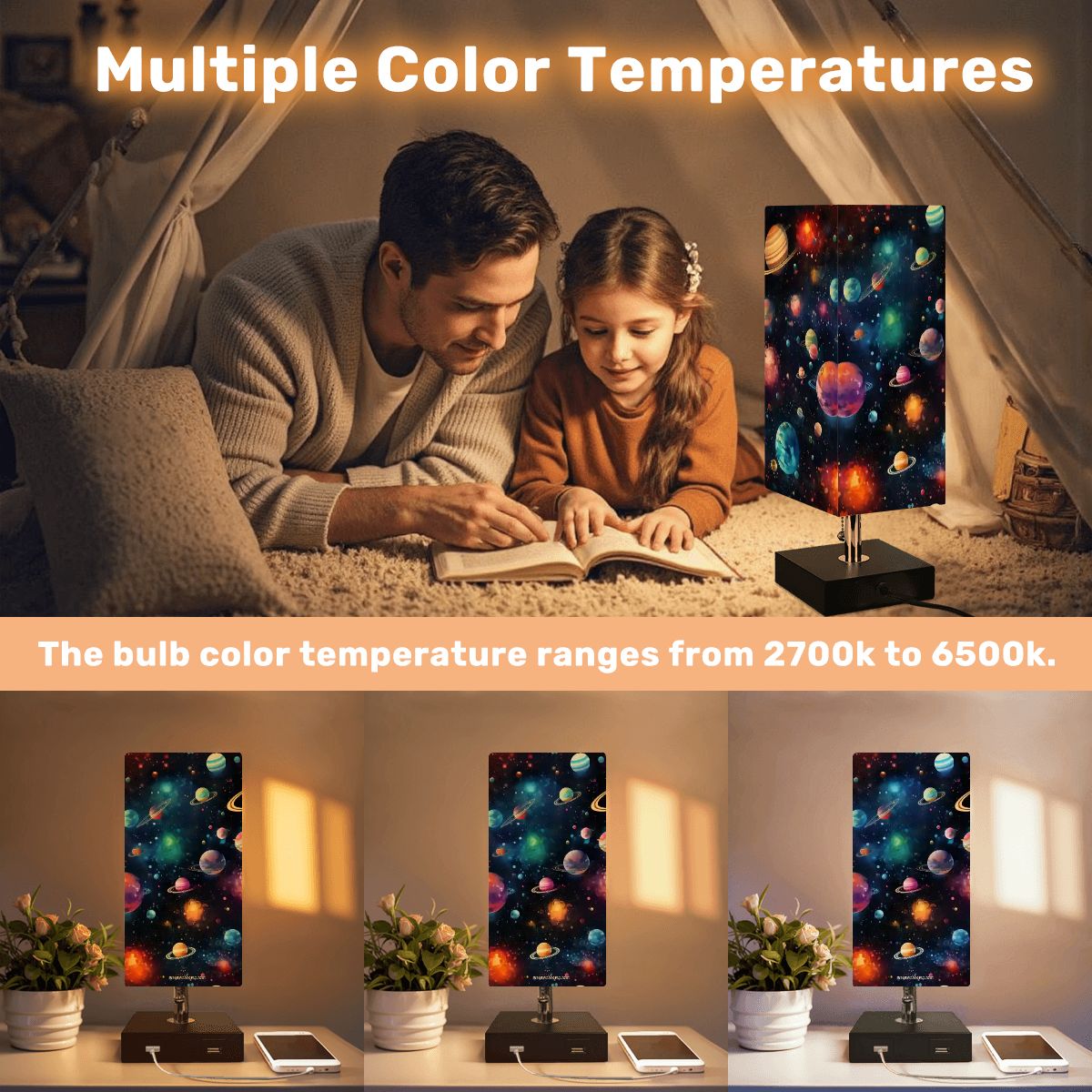 12 Galaxy / Outer Space, Square Table Lamp with USB Ports, Charger