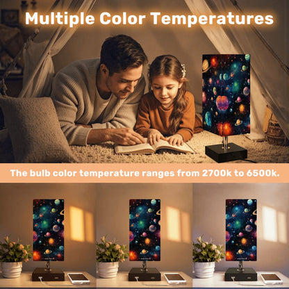 12 Galaxy / Outer Space, Square Table Lamp with USB Ports, Charger