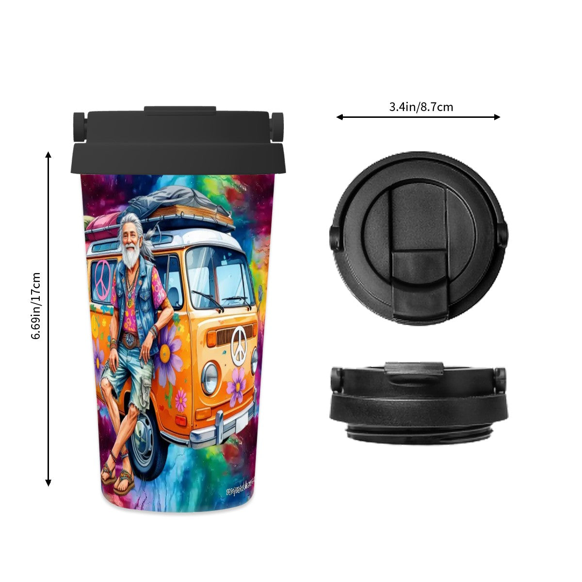 Old Hippie Couple, 17 oz Insulated Coffee Mug with Lid & Carrying Handle
