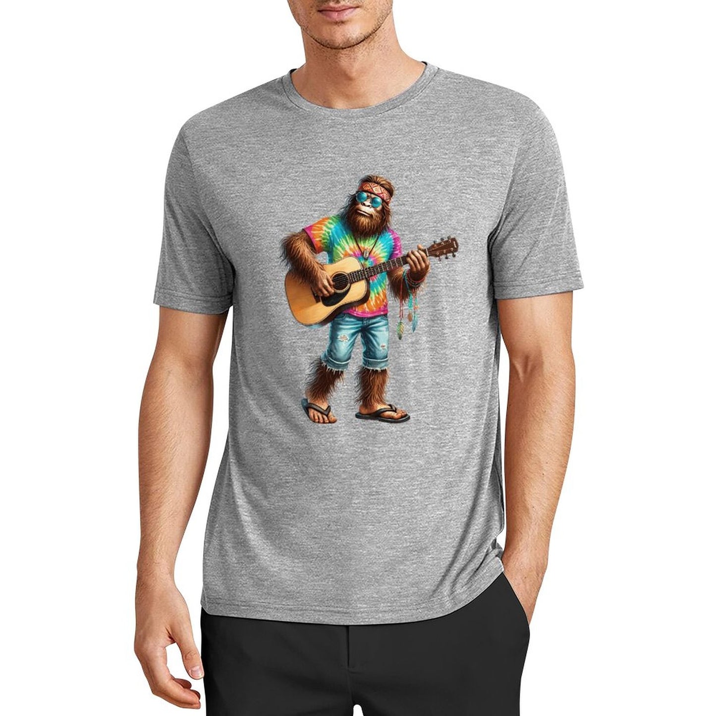 Bigfoot - Sasquatch Hippie Play Guitar Short Sleeve Cotton T-Shirt