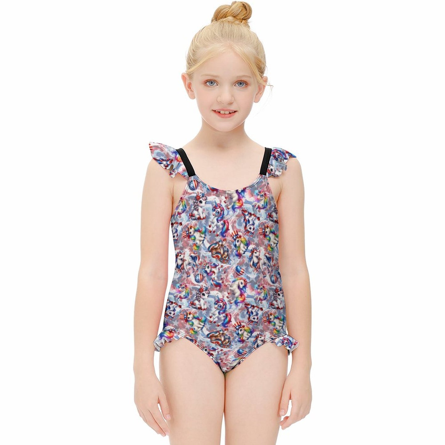 8 Patriot Designs, Girls One-Piece Summer Swimsuit, Ruffle Shoulder
