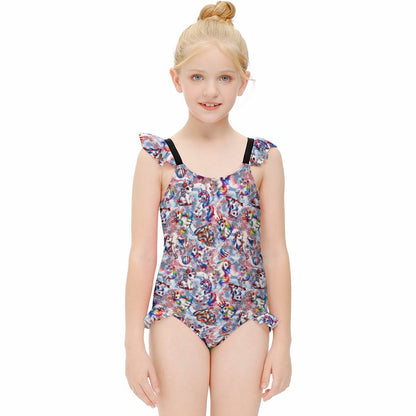 8 Patriot Designs, Girls One-Piece Summer Swimsuit, Ruffle Shoulder