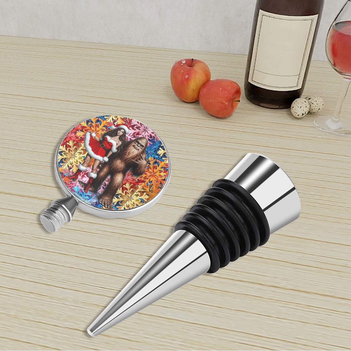 Christmas Bigfoot / Sasquatch with Gal 2, Wine Bottle Stopper