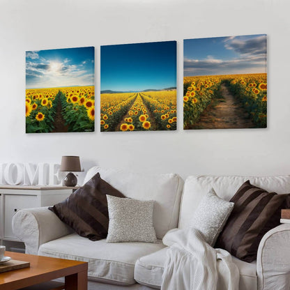 Sunflower Fields Canvas Wall Art -16”x 20” (x3) - Made In USA