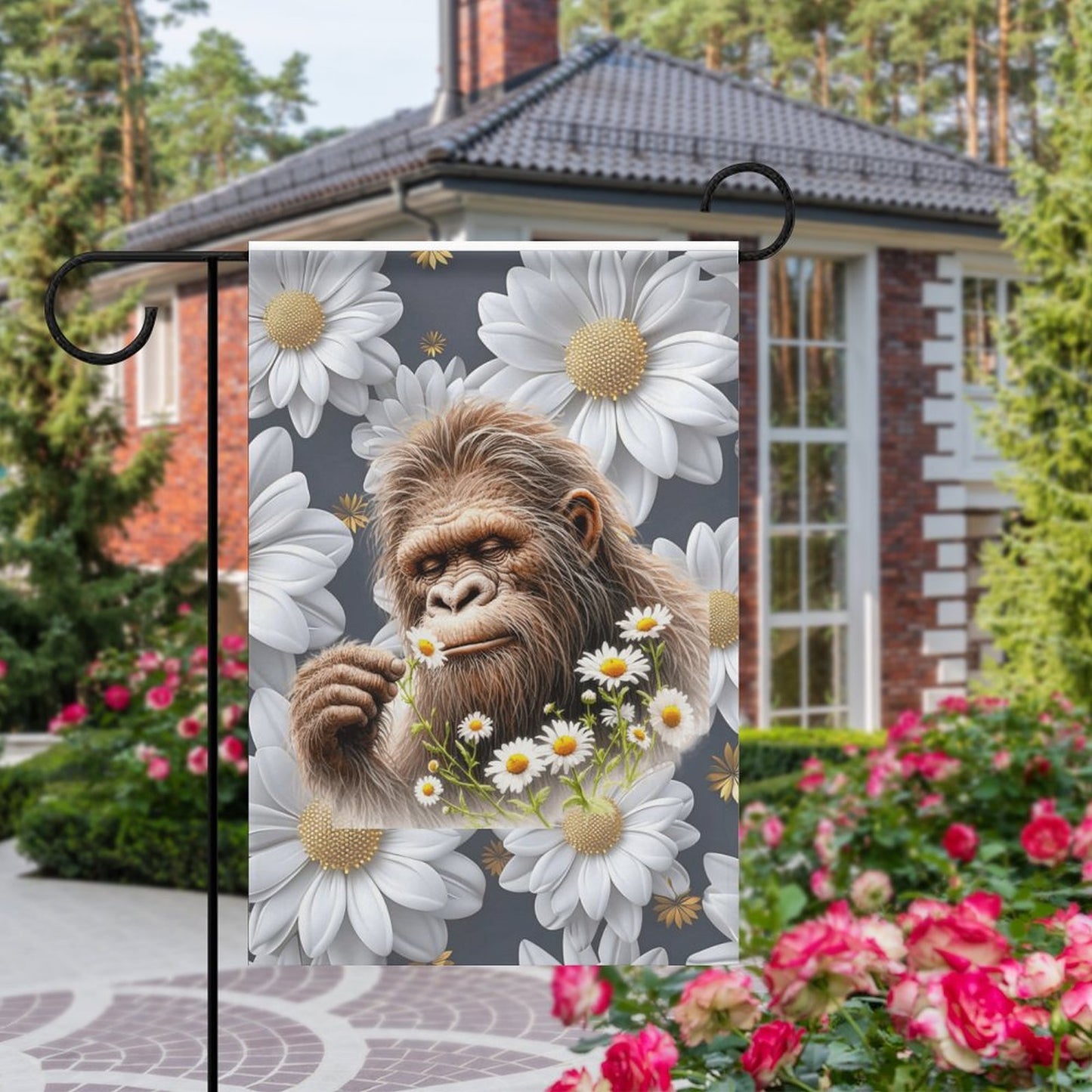 Sasquatch "Smell the Flowers" Flag in garden (1 Pic on 2 Sides)-12"x18"