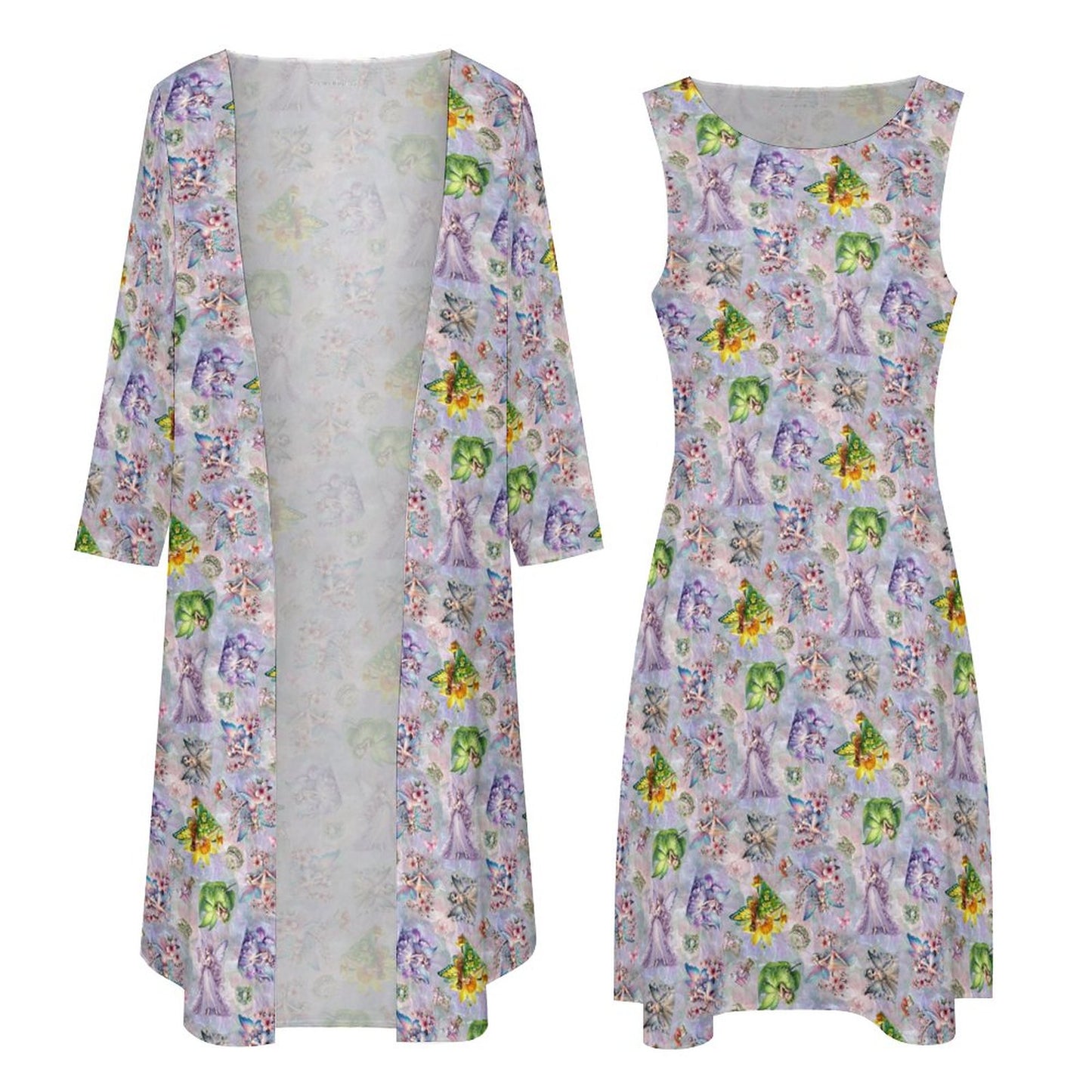 2 Piece Long Dress / Cardigan Set - Fairies