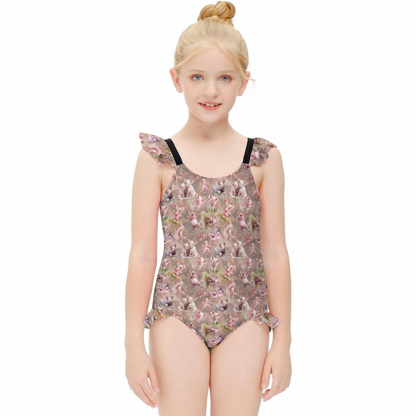 10 Animal Designs, Girls One-Piece Summer Swimsuit, Ruffle Shoulder