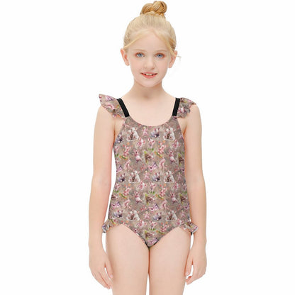 10 Animal Designs, Girls One-Piece Summer Swimsuit, Ruffle Shoulder