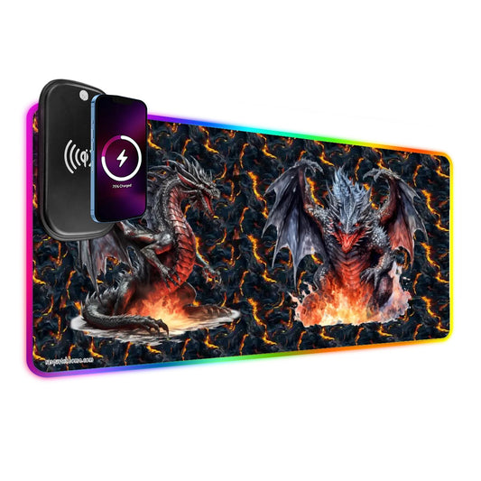 Fire Dragons, Wireless Charging Gaming Mouse Pads / Mat With Lights - 2 Sizes