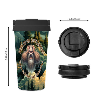 Bigfoot / Sasquatch "Suck it up..", 17 oz Insulated Coffee Mug with Lid & Carrying Handle