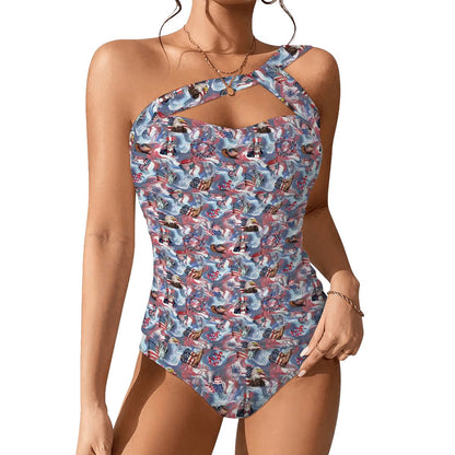 8 Patriotic Designs, Women One Shoulder Tankini, Two Piece, Unicorn, Cats, Dogs, Eagles