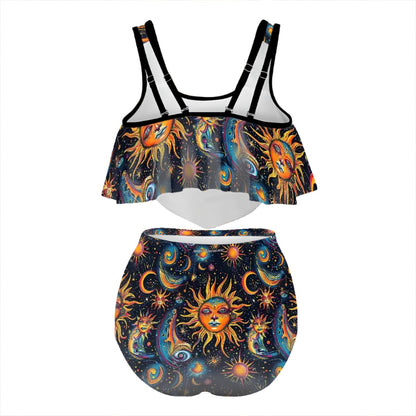 Zodiac Design, Plus Size Women Bikini Flowy, Ruffle Top Swimsuit