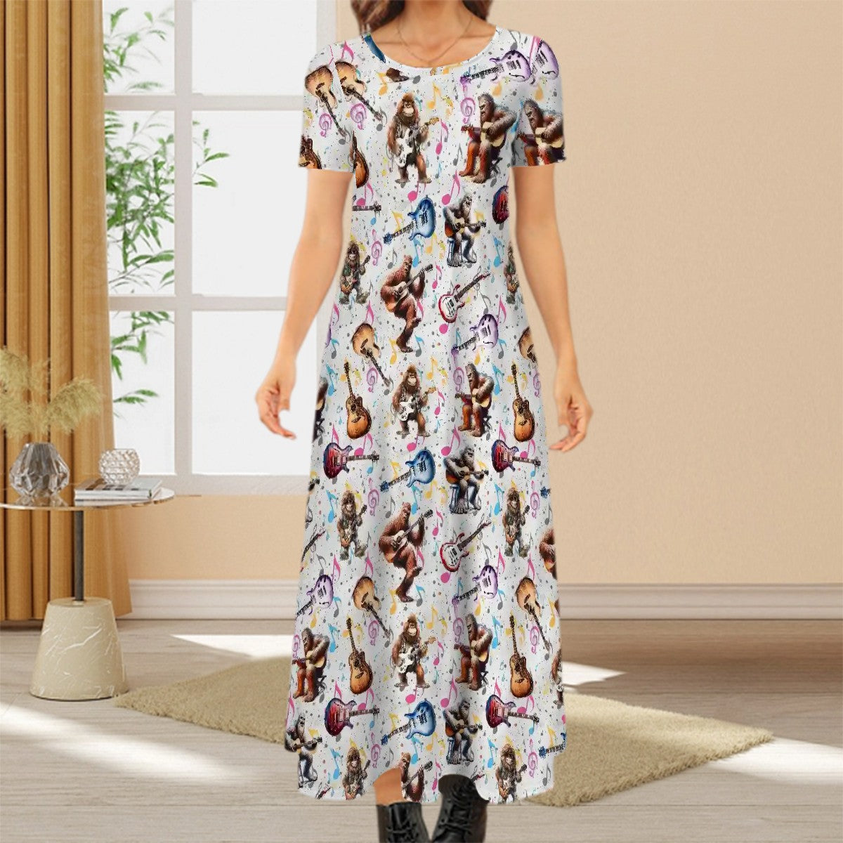 Bigfoot Sasquatch Playing Guitars, Crew Neck Short Sleeve Maxi Dress