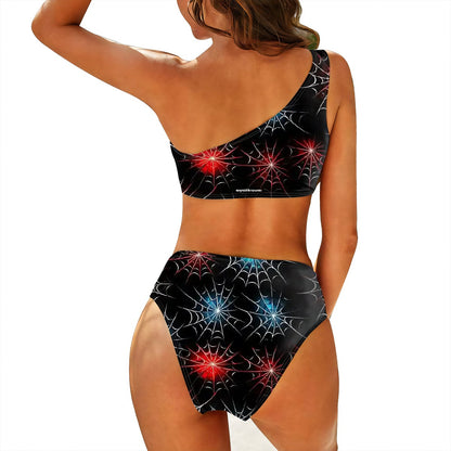 Colored Spiderwebs, Women One Shoulder Bikini High Waist Swimsuit