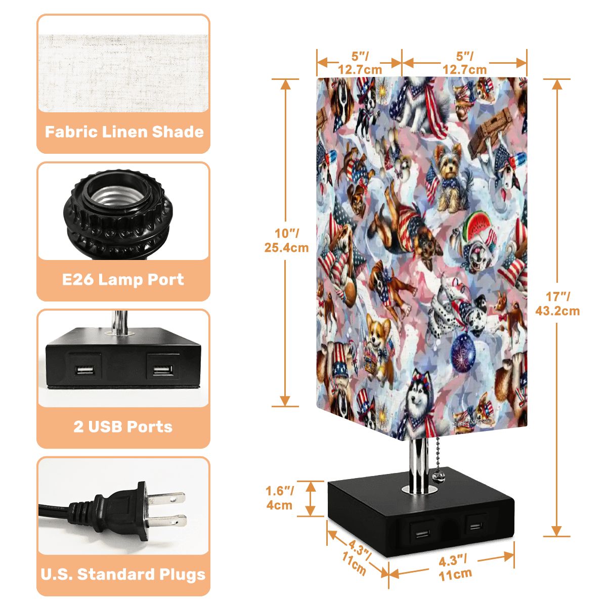 8 Patriot Designs, Square Table Lamp with USB Ports, Charger