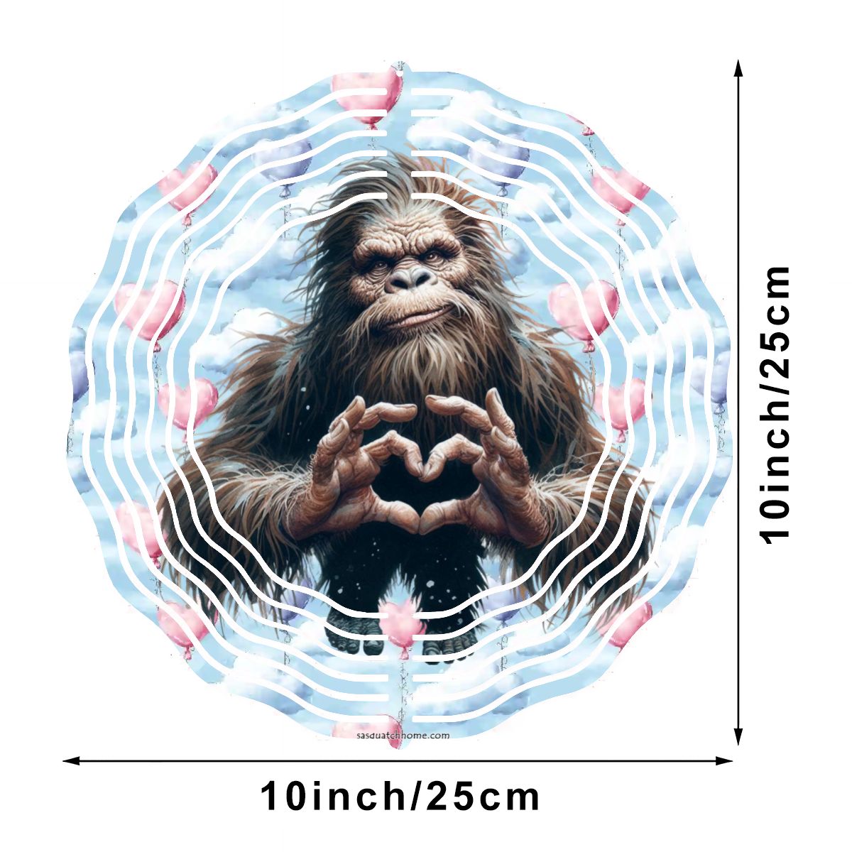 Heart Hand Bigfoot, Sasquatch, US Made Hanging Metal 3D Wind Spinner, Ornament