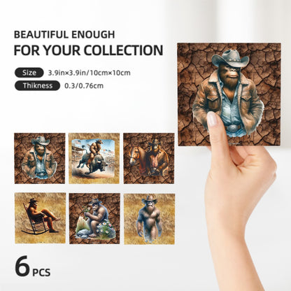 Cowboy Bigfoot / Sasquatch, 6 Ceramic Coasters w metal stand
