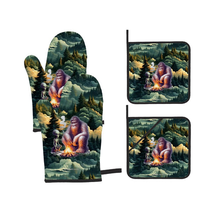 Bigfoot / Sasquatch with Alien, 4 Piece Oven Mitts / Pot Holder Sets