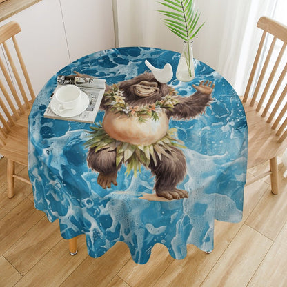 Sasquatch Hula On the Beach Round Tablecloth on Round Table