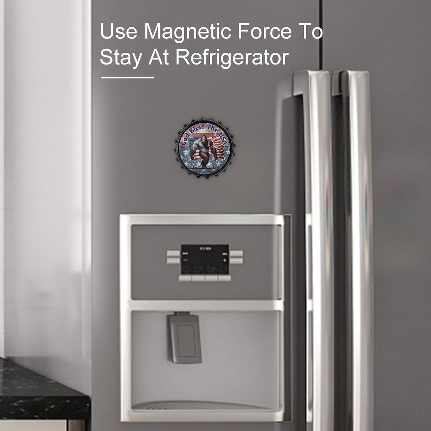 Bigfoot Sasquatch "God bless the USA", 3” Magnetic Can Opener / Coaster / Fridge Decor