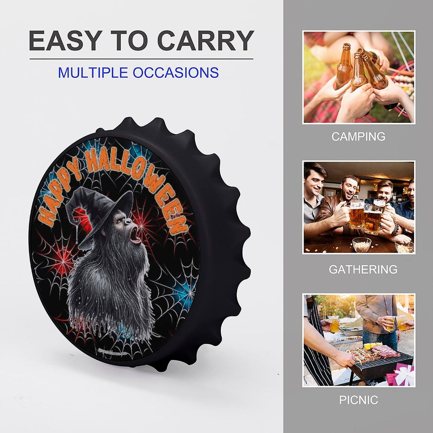 Bigfoot / Sasquatch "Happy Halloween", 3” Magnetic Can Opener / Coaster / Fridge Decor