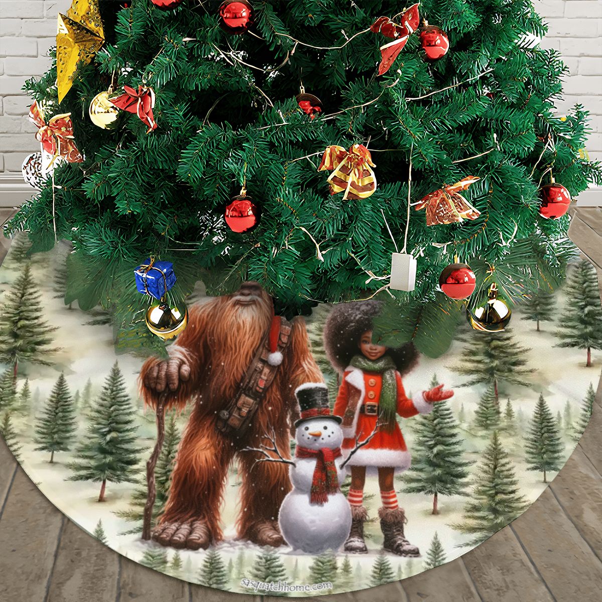 Bigfoot / Sasquatch Santa w Girl, Plush Christmas Tree Skirt – 3 Sizes