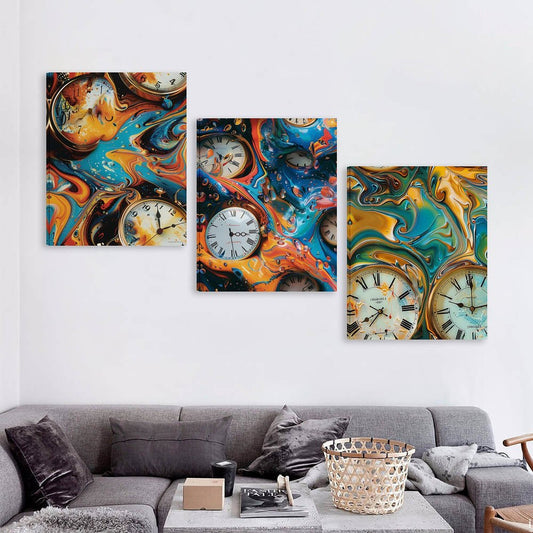Psychedelic Clocks Canvas Wall Art -16”x 20” (x3) - Made In USA