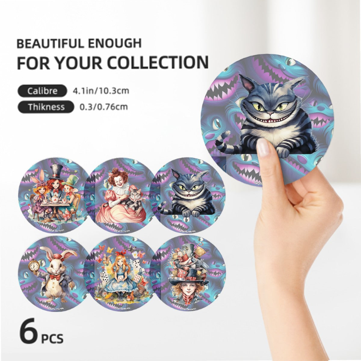 Alice in Wonderland, 6 Ceramic Coasters w metal stand