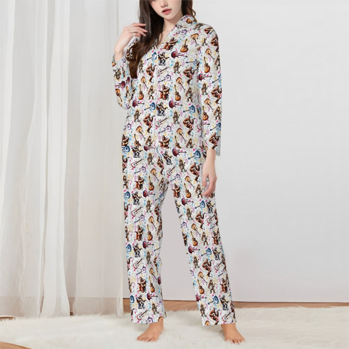 Bigfoot Sasquatch Playing Guitar Women’s Long Sleeved Pajama Set