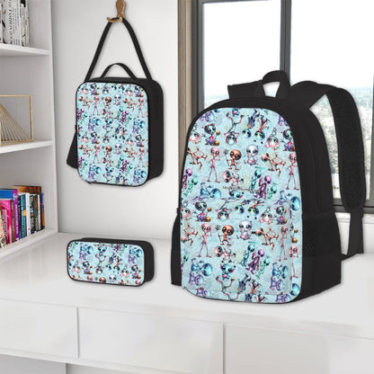 6 Alien Designs, 3 Piece Bag Set – Oxford Backpack, Lunch Bag, Pencil Pouch